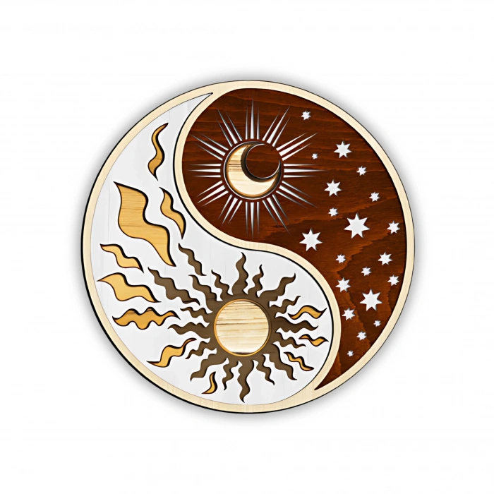 Güneş ve Ay Temalı Katmanlı Ahşap Duvar Dekoru