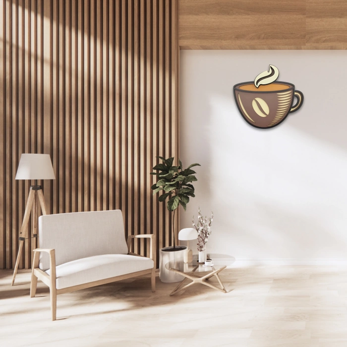 Kahve Fincanı Temalı Katmanlı Ahşap Duvar Dekoru