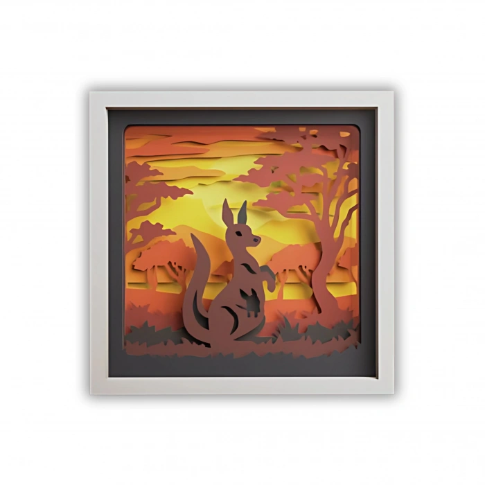 Kanguru ve Günbatımı Temalı Katmanlı Ahşap Duvar Dekoru