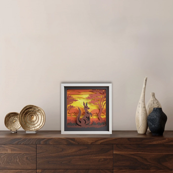 Kanguru ve Günbatımı Temalı Katmanlı Ahşap Duvar Dekoru