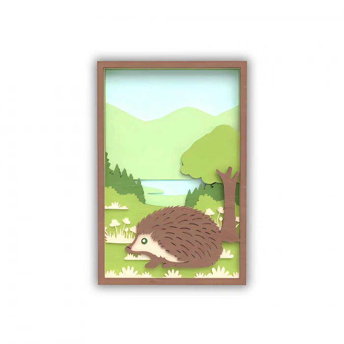 Kirpi ve Doğa Manzaralı Çok Katmanlı Ahşap Duvar Dekoru