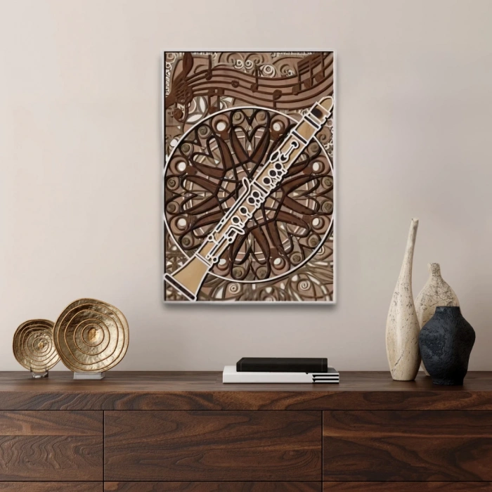 Klarnet ve Müzik Temalı Katmanlı Ahşap Duvar Dekoru