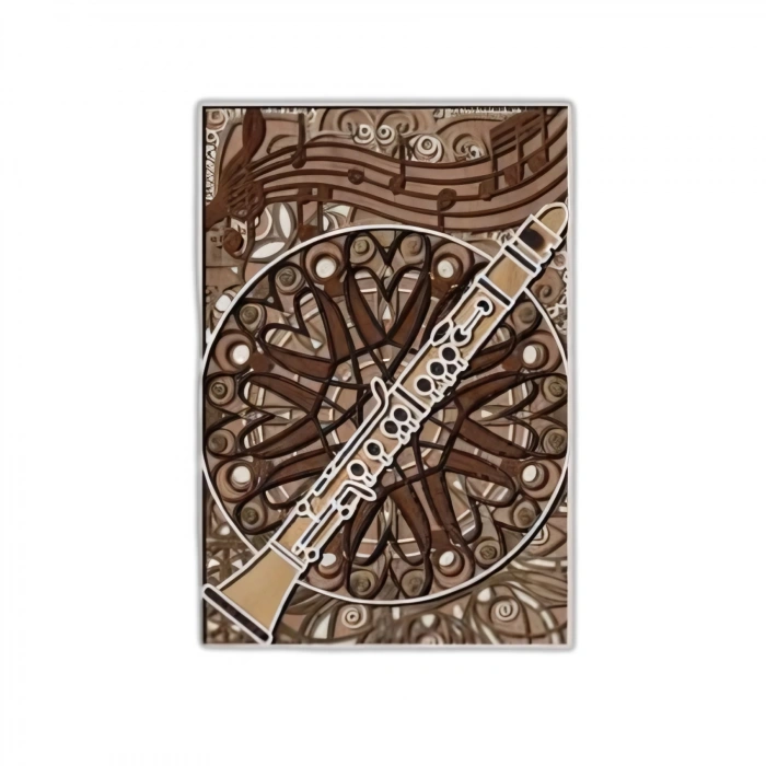 Klarnet ve Müzik Temalı Katmanlı Ahşap Duvar Dekoru