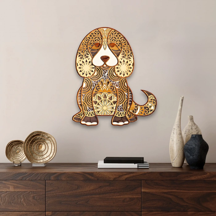 Köpek Figürlü Katmanlı Ahşap Duvar Dekoru
