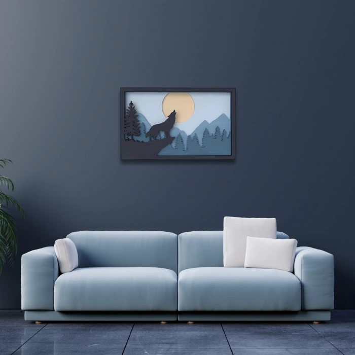 Kurt ve Dağ Manzaralı Çok Katmanlı Ahşap Duvar Dekoru