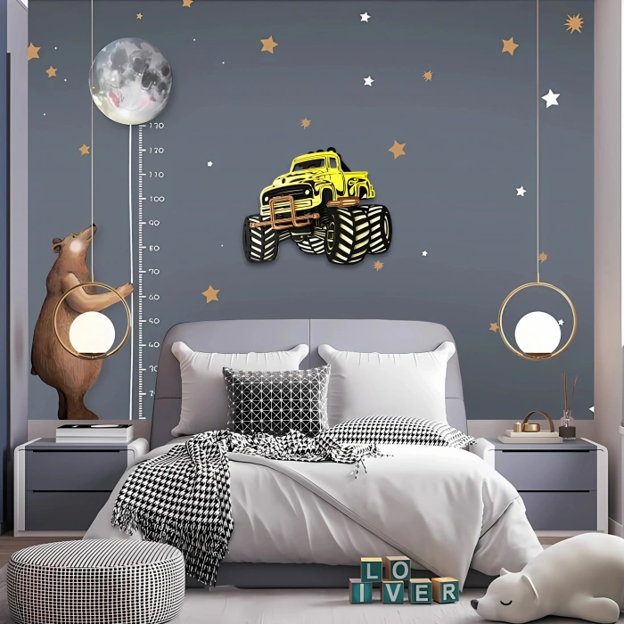 Monster Truck Temalı Katmanlı Ahşap Duvar Dekoru