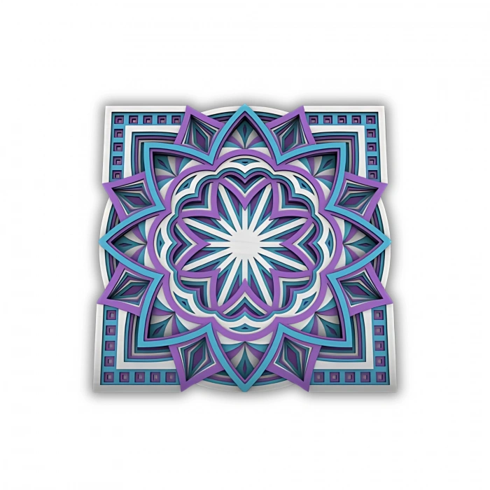 Mor ve Mavi Tonlarda Mandala Desenli Çok Katmanlı Ahşap Duvar Dekoru