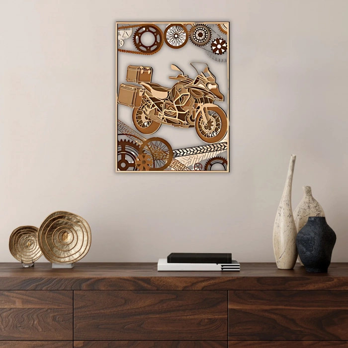 Motosiklet Tutkusu Temalı Katmanlı Ahşap Duvar Dekoru