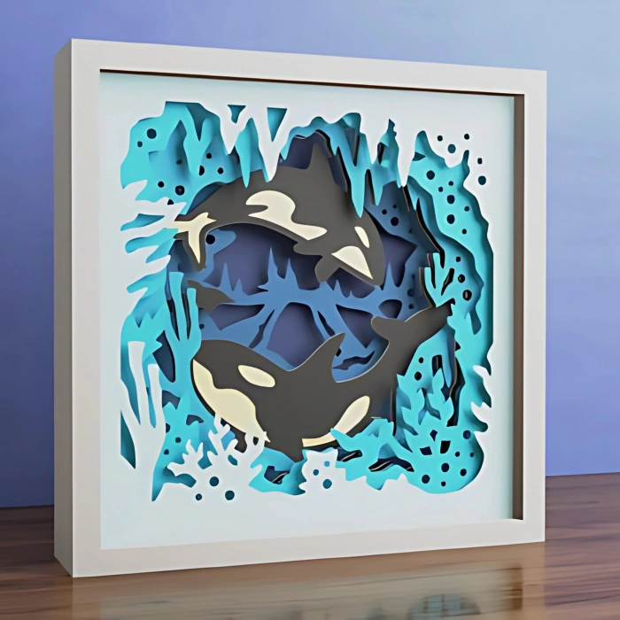 Orka Balinaları Temalı Katmanlı Ahşap Duvar Dekoru