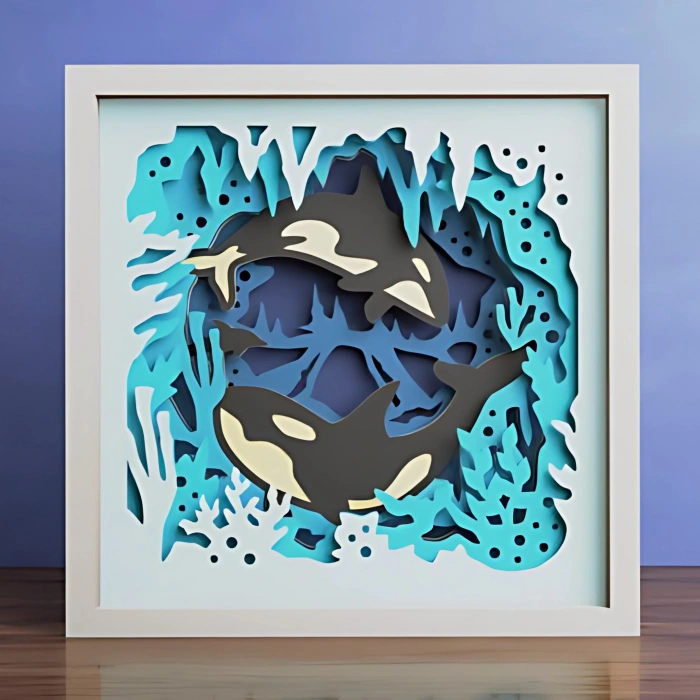 Orka Balinaları Temalı Katmanlı Ahşap Duvar Dekoru