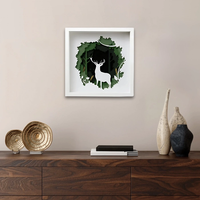 Orman ve Geyik Temalı Çok Katmanlı Ahşap Duvar Dekoru