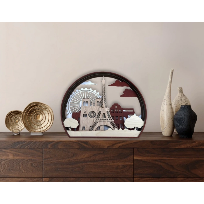 Paris Silueti Temalı Katmanlı Ahşap Duvar Dekoru