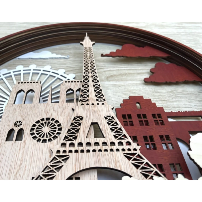 Paris Silueti Temalı Katmanlı Ahşap Duvar Dekoru