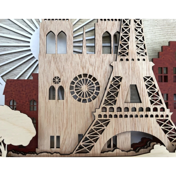 Paris Silueti Temalı Katmanlı Ahşap Duvar Dekoru
