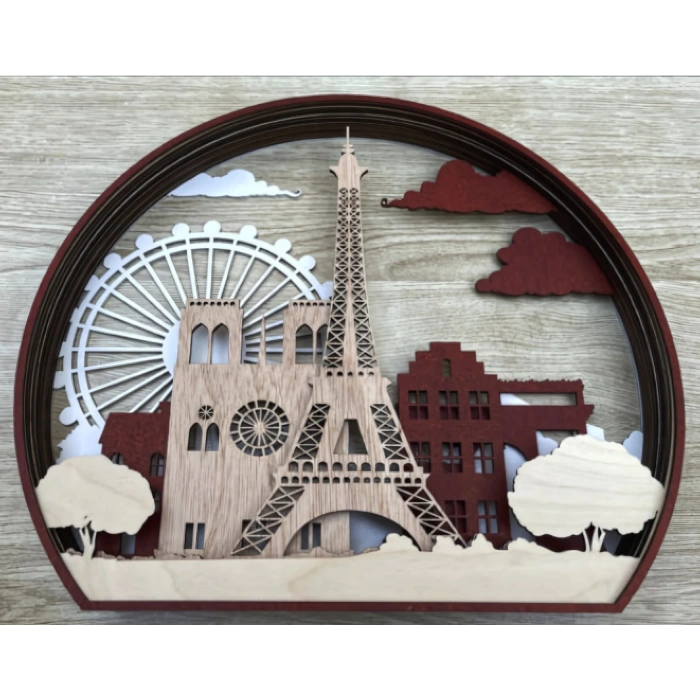 Paris Silueti Temalı Katmanlı Ahşap Duvar Dekoru