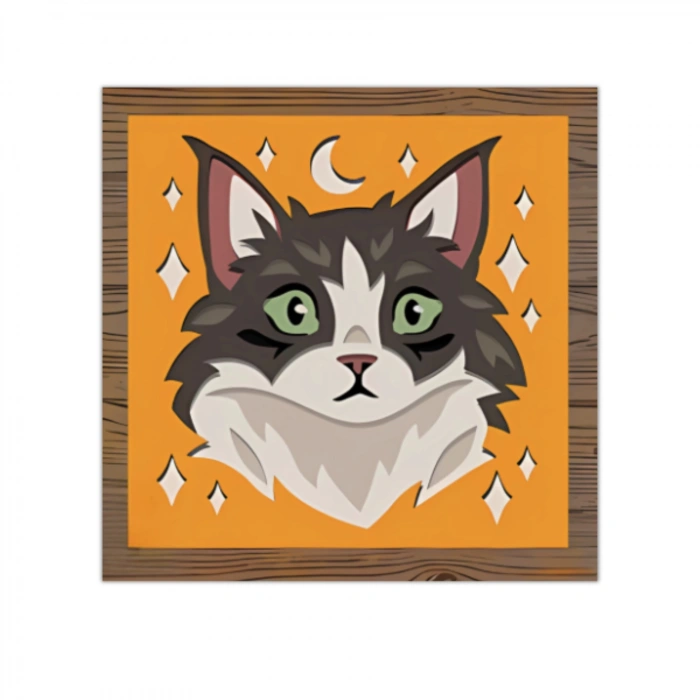 Renkli Kedi İllüstrasyonlu Çok Katmanlı Ahşap Duvar Dekoru