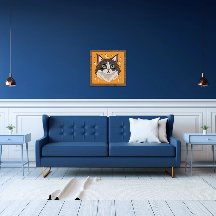 Renkli Kedi İllüstrasyonlu Çok Katmanlı Ahşap Duvar Dekoru