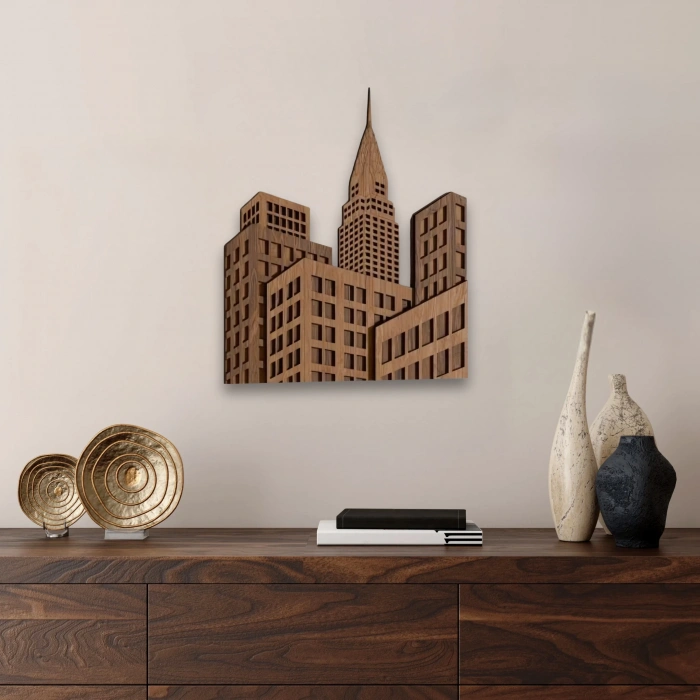 Şehir Silueti Temalı Katmanlı Ahşap Duvar Dekoru
