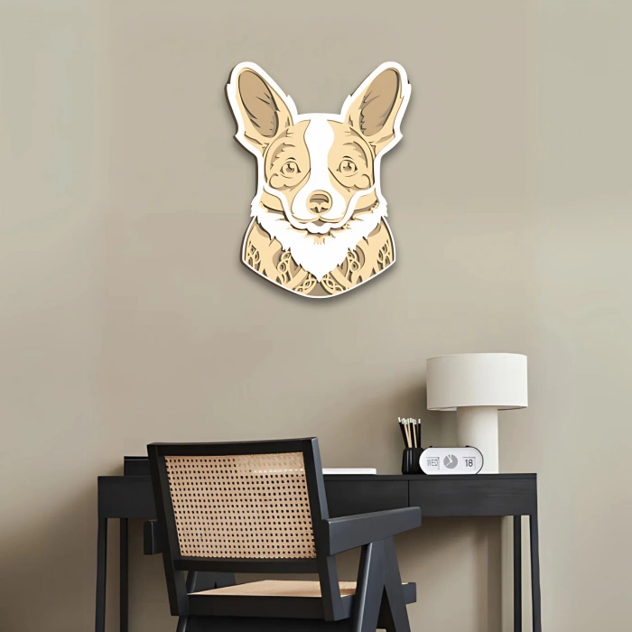 Sevimli Corgi Temalı Katmanlı Ahşap Duvar Dekoru