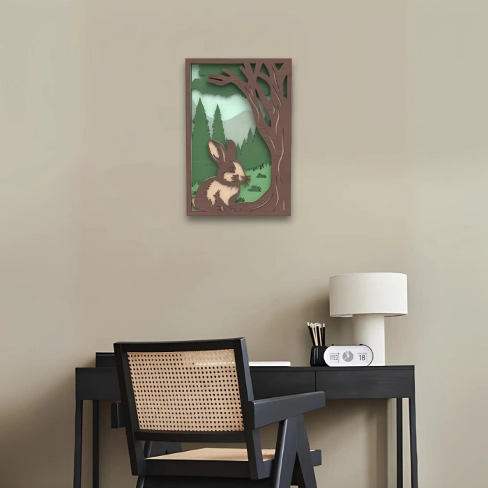 Tavşan Figürlü Doğa Temalı Ahşap Duvar Tablosu