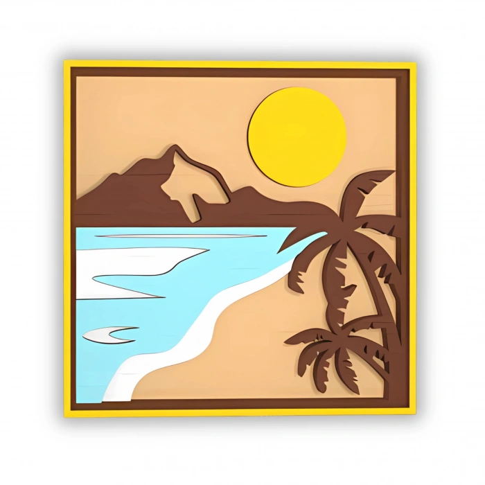 Tropik Sahil Temalı Katmanlı Ahşap Duvar Dekoru