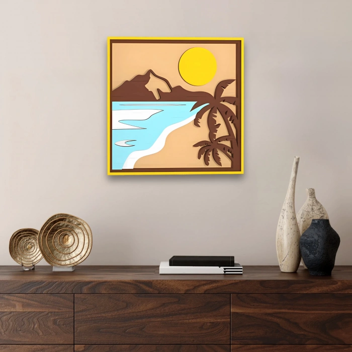 Tropik Sahil Temalı Katmanlı Ahşap Duvar Dekoru