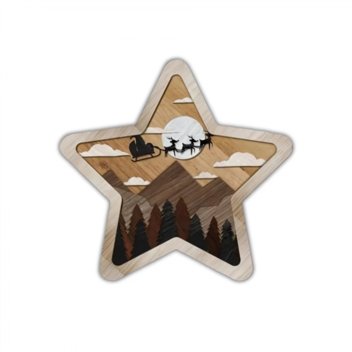 Yıldız Formunda Noel Temalı Katmanlı Ahşap Duvar Dekoru
