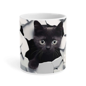 Siyah Kedi ve Çiçek Detaylı Seramik Kupa