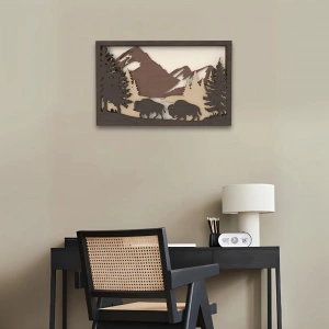 Dağ ve Bison Silüetli Ahşap Duvar Tablosu