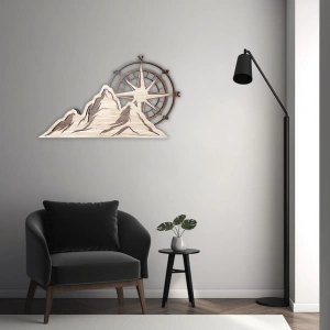 Dağ ve Pusula Temalı Katmanlı Ahşap Duvar Dekoru