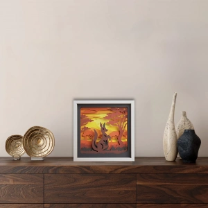 Kanguru ve Günbatımı Temalı Katmanlı Ahşap Duvar Dekoru