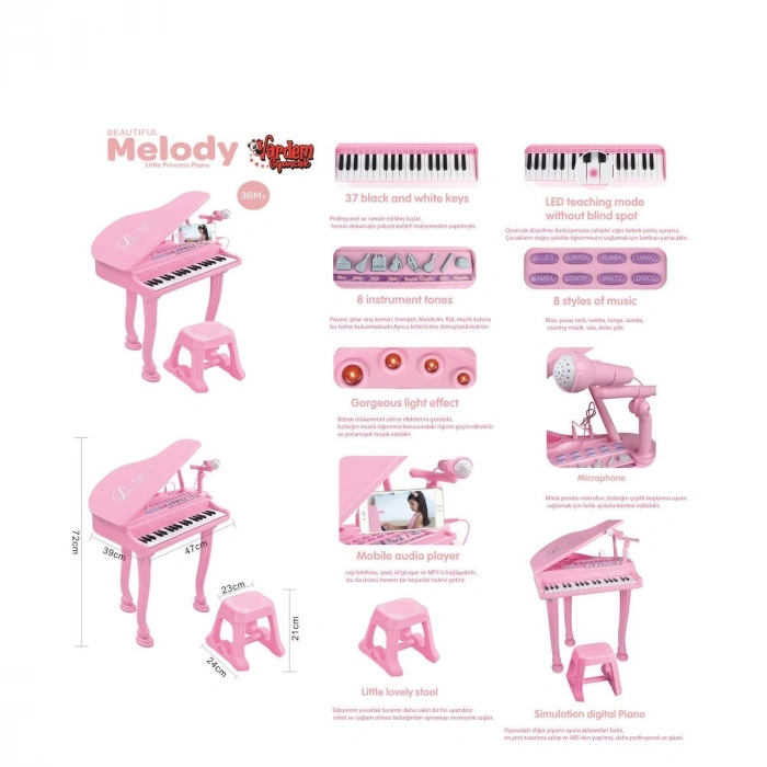 BAO-1403 0213  Mikrofonlu 37 Tuşlu Mp3 Çalar Büyük Pembe Piyano