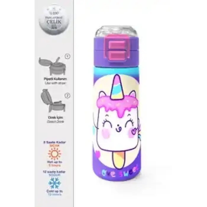 Yaygan Coral High Kids Renkli Batik Unicorn Dondurma Desenli Pipetli Çelik Termos 500 ml 31801