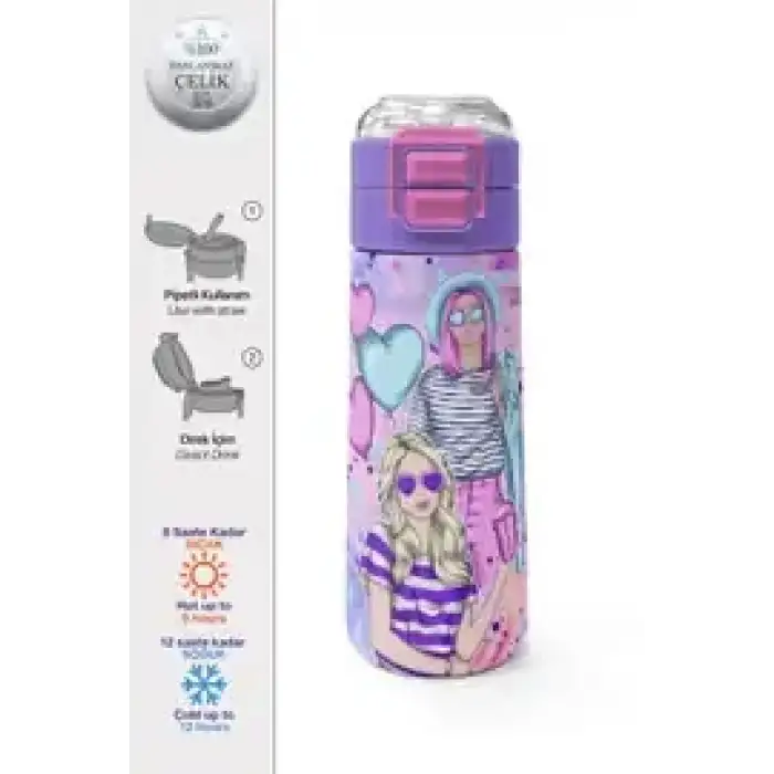 Yaygan Coral High Kids Pembe Mor Fashion Girl Desenli Pipetli ve Direkt İçim Çelik Termos 500 ml 31956