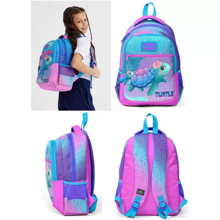 Yaygan Coral Hıgh Açık Pembe Mavi Kaplumbağa Desenli Üç Bölmeli Okul Sırt Çantası 23497