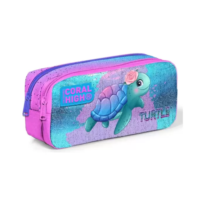 Yaygan Coral High Kids Açık Pembe Mavi Kaplumbağa Desenli İki Bölmeli Kalem Çantası 12061