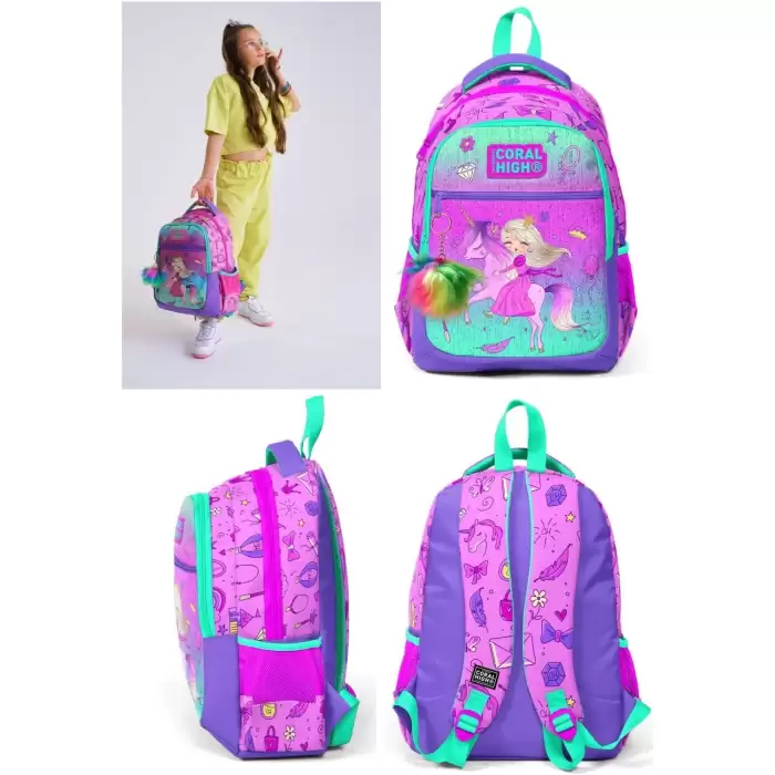 Yaygan Coral High Kids Açık Pembe Mor Unicornlu Prenses Desenli Üç Bölmeli Okul Sırt Çantası 23481