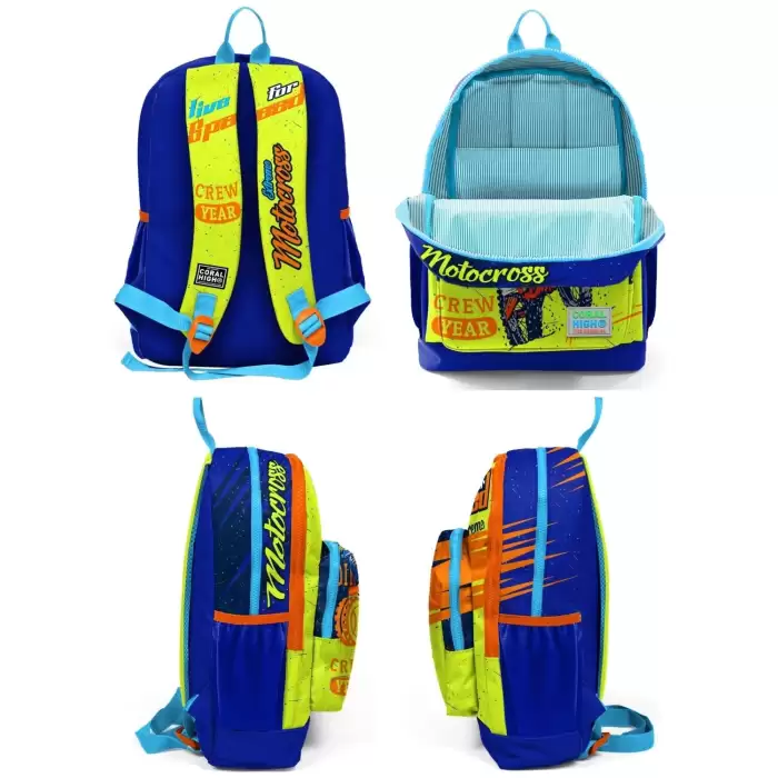 Yaygan Coral High Kids Fosforlu Sarı Saks Motorsiklet Desenli Dört Bölmeli Okul Sırt Çantası 23742
