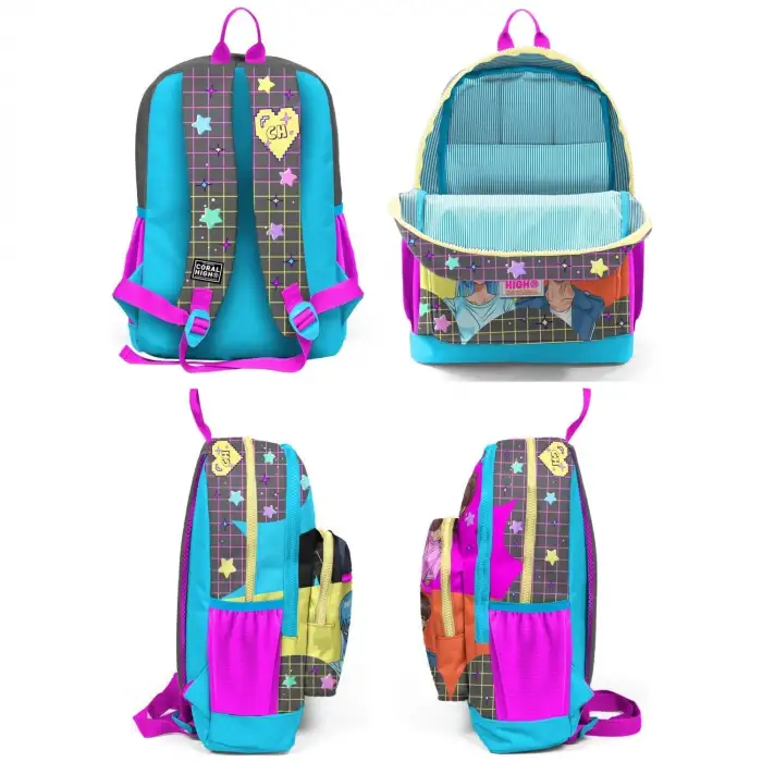 Yaygan Coral High Kids Gri Mavi Pembe Anime Desenli Dört Bölmeli Okul Sırt Çantası 23737