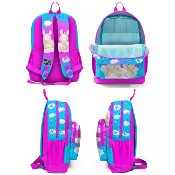 Yaygan Coral High Kids Mavi Pembe Tavşan Desenli Dört Bölmeli Okul Sırt Çantası 23736