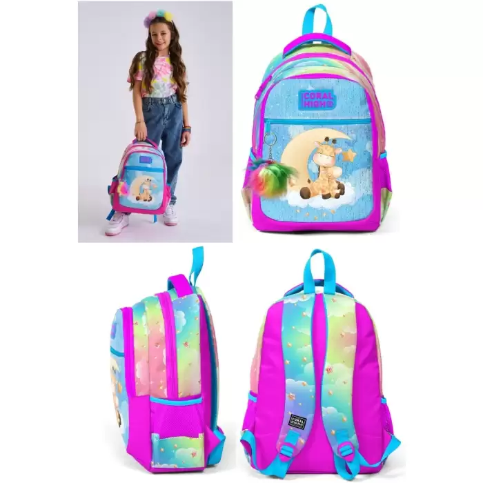 Yaygan Coral High Kids Mavi Pembe Zürafa Desenli Üç Bölmeli Okul Sırt Çantası 23479