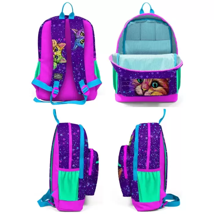 Yaygan Coral High Kids Mor Pembe Kedi Desenli Dört Bölmeli Okul Sırt Çantası 23732