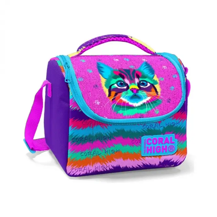 Yaygan Coral High Kids Mor Pembe Kedi Desenli Thermo Beslenme Çantası 11859
