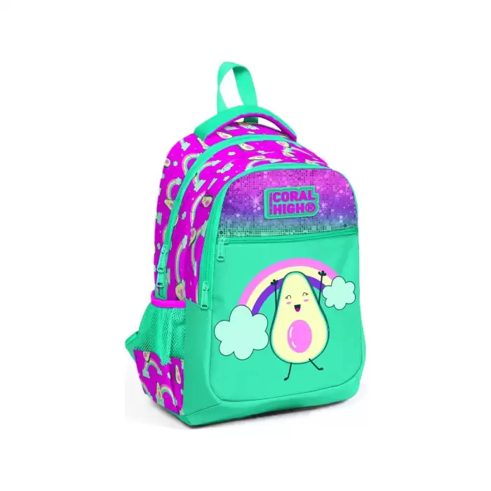 Yaygan Coral High Kids Pembe Su Yeşili Avokado Desenli Simli Üç Bölmeli Okul Sırt Çantası 23491