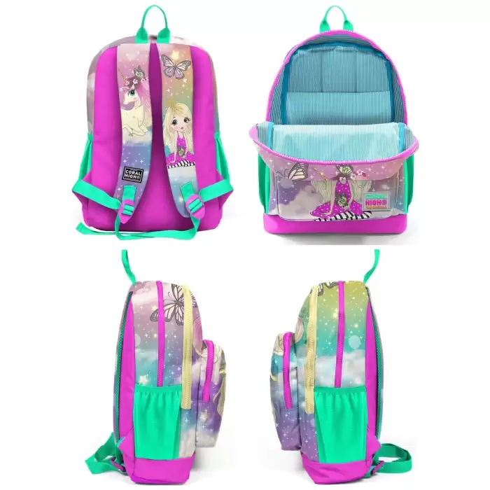 Yaygan Coral High Kids Pembe Su Yeşili Unicornlu Kız Desenli Dört Bölmeli Okul Sırt Çantası 23733