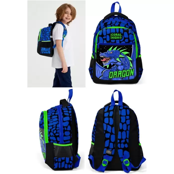 Yaygan Coral High Kids Siyah Saks Ejderha Desenli Üç Bölmeli Okul Sırt Çantası 23485