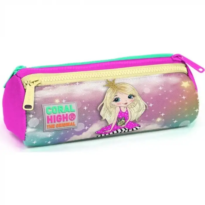 Yaygan Coral Hıgh Pembe Su Yeşili Unicornlu Kız Desenli Üç Bölmeli Kalem Çantası 22033