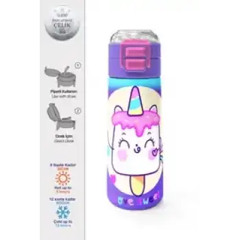 Yaygan Coral High Kids Renkli Batik Unicorn Dondurma Desenli Pipetli Çelik Termos 500 ml 31801
