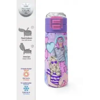 Yaygan Coral High Kids Pembe Mor Fashion Girl Desenli Pipetli ve Direkt İçim Çelik Termos 500 ml 31956