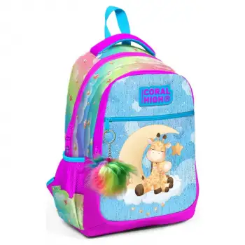 Yaygan Coral High Kids Mavi Pembe Zürafa Desenli Üç Bölmeli Okul Sırt Çantası 23479